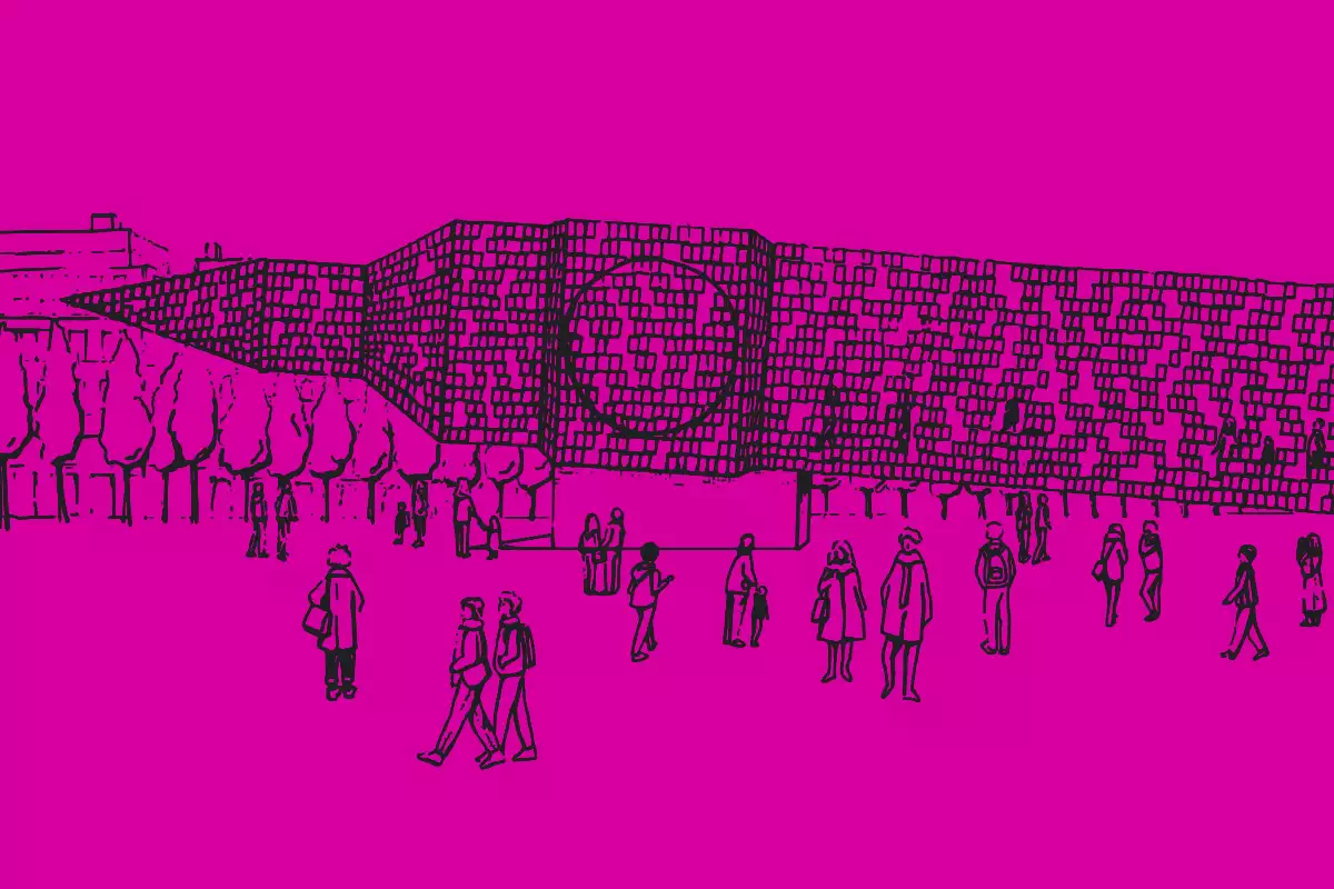 Pink cartoon image of a big ben shaped object lying sideways with people walking around