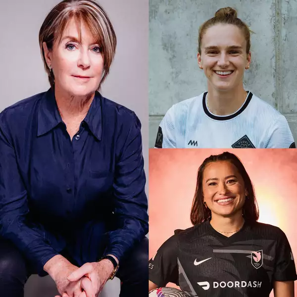 Composite image of Suzanne Lacy (left), Vivianne Miedema  (top right) and Ali Riley (bottom right)
