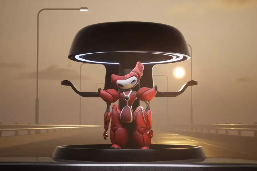 An artwork by Lawrence Lek showing a red creature stood on a bridge