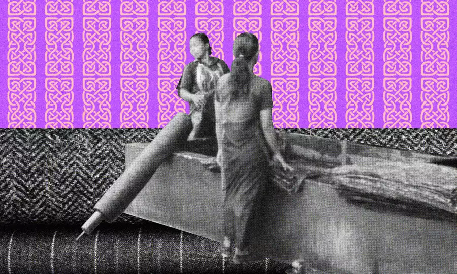 Black-and-white photo of two people on patterned fabric against a pink decorative background.