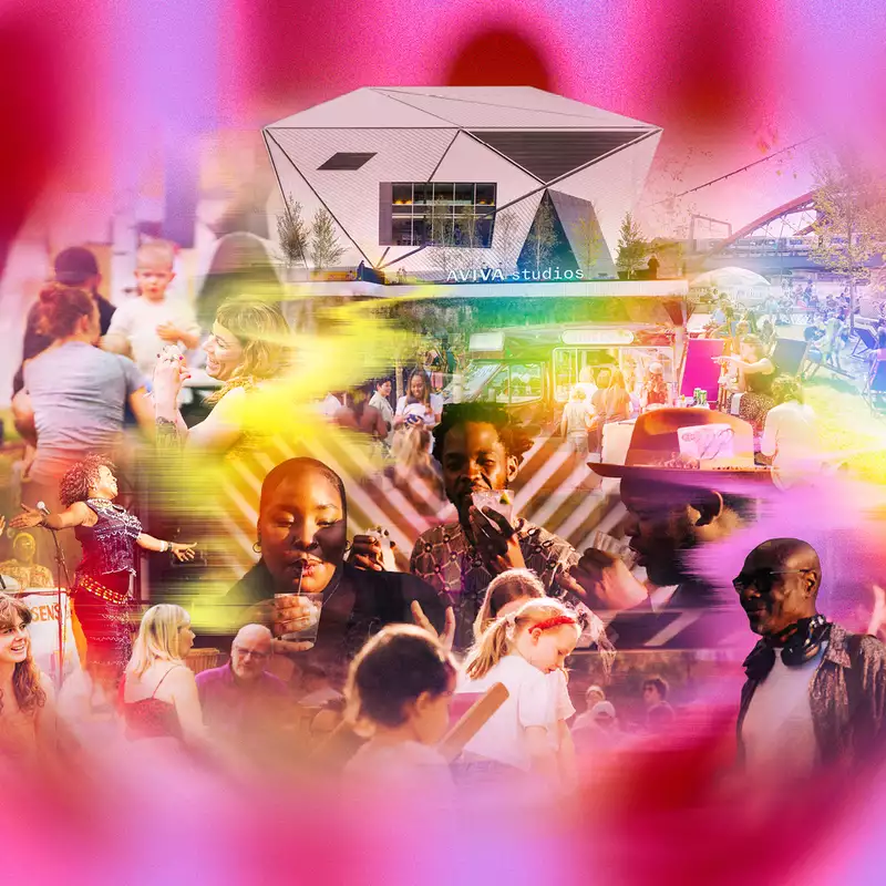 A vibrant collage shows people enjoying outdoor events, eating, kids playing, a live singer and food trucks in front of Aviva Studios, with colourful, bright light effects blending the scenes.