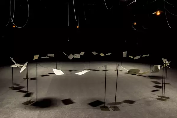 A photo of the exhibition space at Shilpa Gupta: You are the place