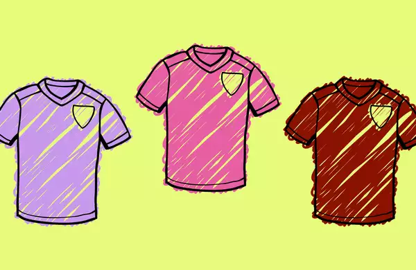 Three pink football shirts on a bright yellow background