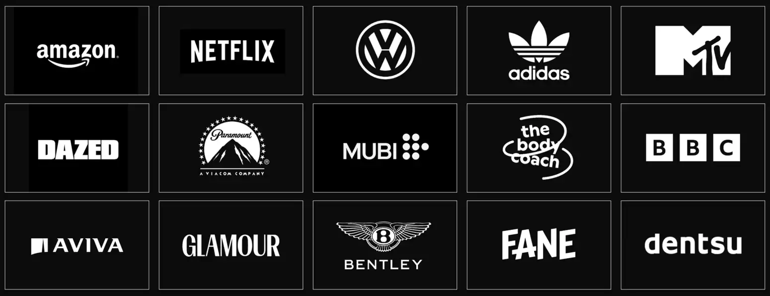 Logos for Amazon, Netflix, Volkswagen, adidas, MTV, DAZED, Paramount, MUBI, The Body Coach, BBC, Aviva, Glamour, Bentley, Fane and Dentsu