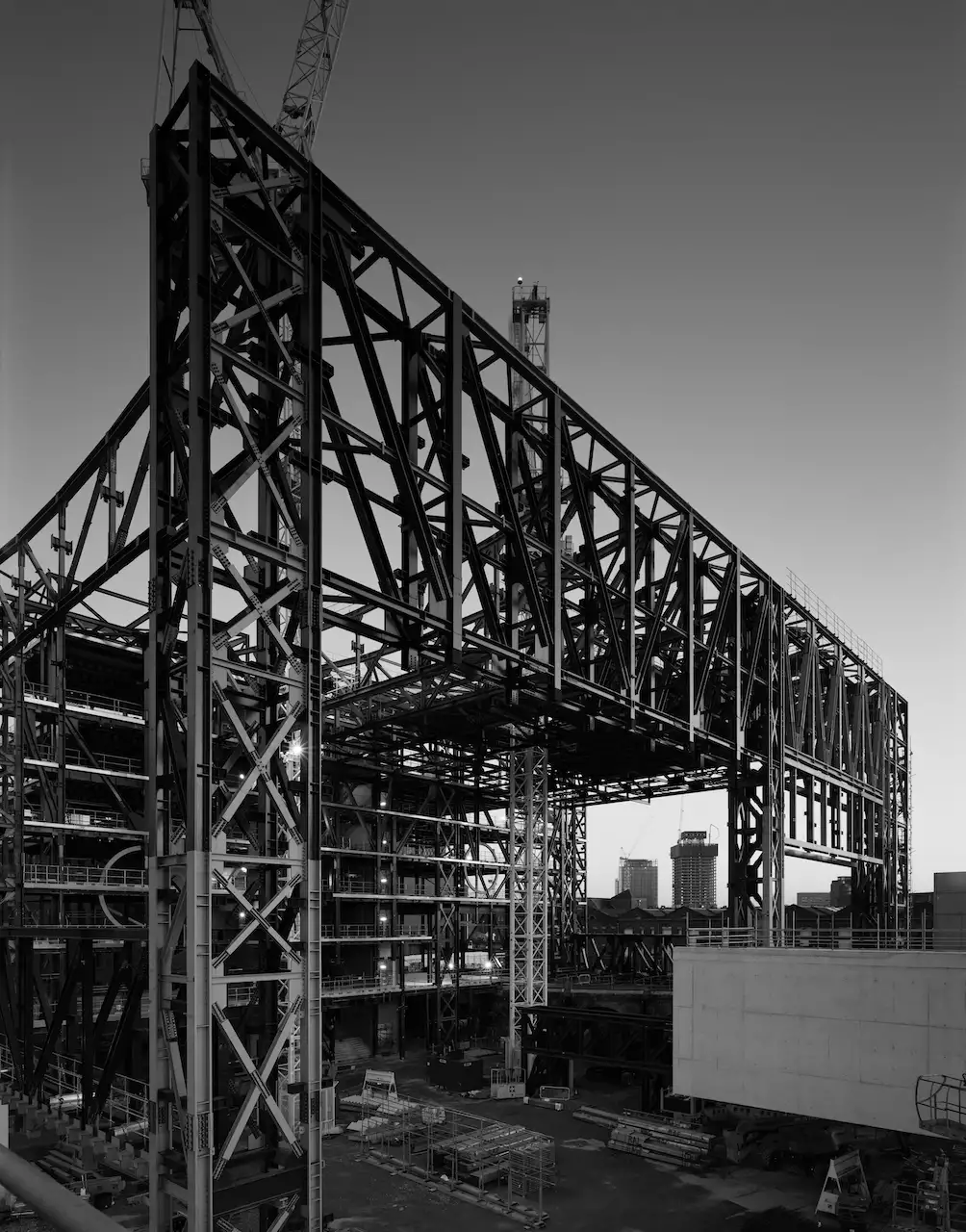 The warehouse structural steel frame under construction during the Aviva Studios build