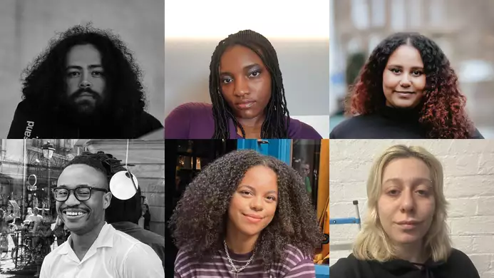 Composite image of the Young Curators 2024 cohort. Top row (L–R): Jack Clarke, Anita Ezeh, Fauziya Johnson. Bottom row (L–R): Otega Ajuchi, Rachel Morgan, Madison Marcantonatos.