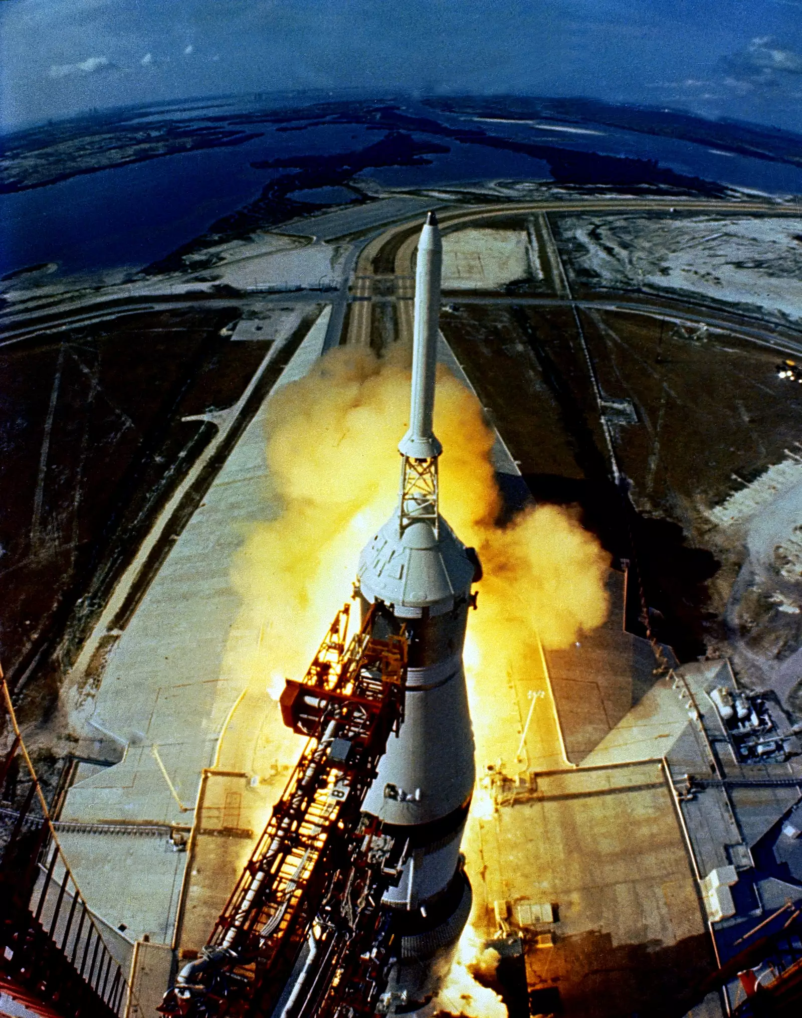 (16 July 1969) --- The huge, 363-feet tall Apollo 11 (Spacecraft 107/Lunar Module 5/Saturn 506) space vehicle is launched from Pad A, Launch Complex 39, Kennedy Space Center (KSC), at 9:32 a.m. (EDT), July 16, 1969. Aboard the Apollo 11 spacecraft were astronauts Neil A. Armstrong, commander; Michael Collins, command module pilot; and Edwin E. Aldrin Jr., lunar module pilot. Apollo 11 is the United States' first lunar landing mission.