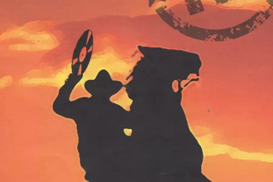 Silhouette of a person in a cowboy hat riding a bucking horse, holding up a vinyl record against an orange sunset sky with scattered clouds and a faded circular stamp.