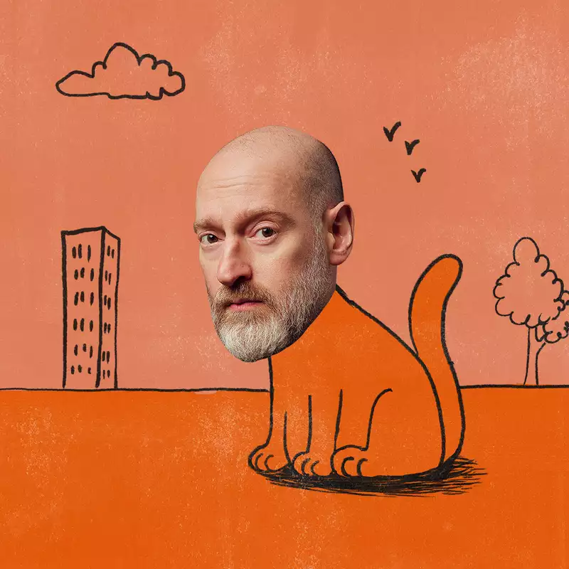 Henry Paker's head on an illustrated cat against an orange background