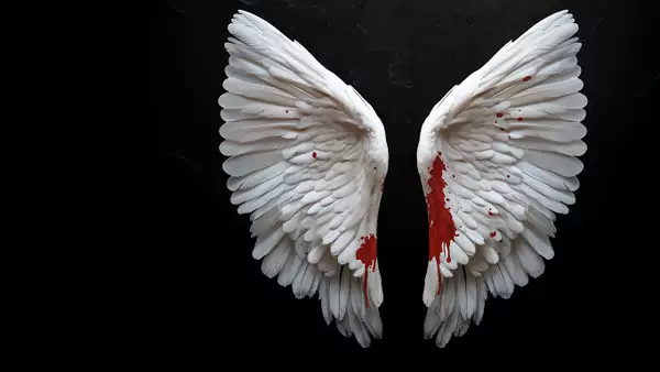 A pair of white angel wings displayed against a dark, black background. The lower parts of the wings are stained with vivid red, resembling blood splatter.