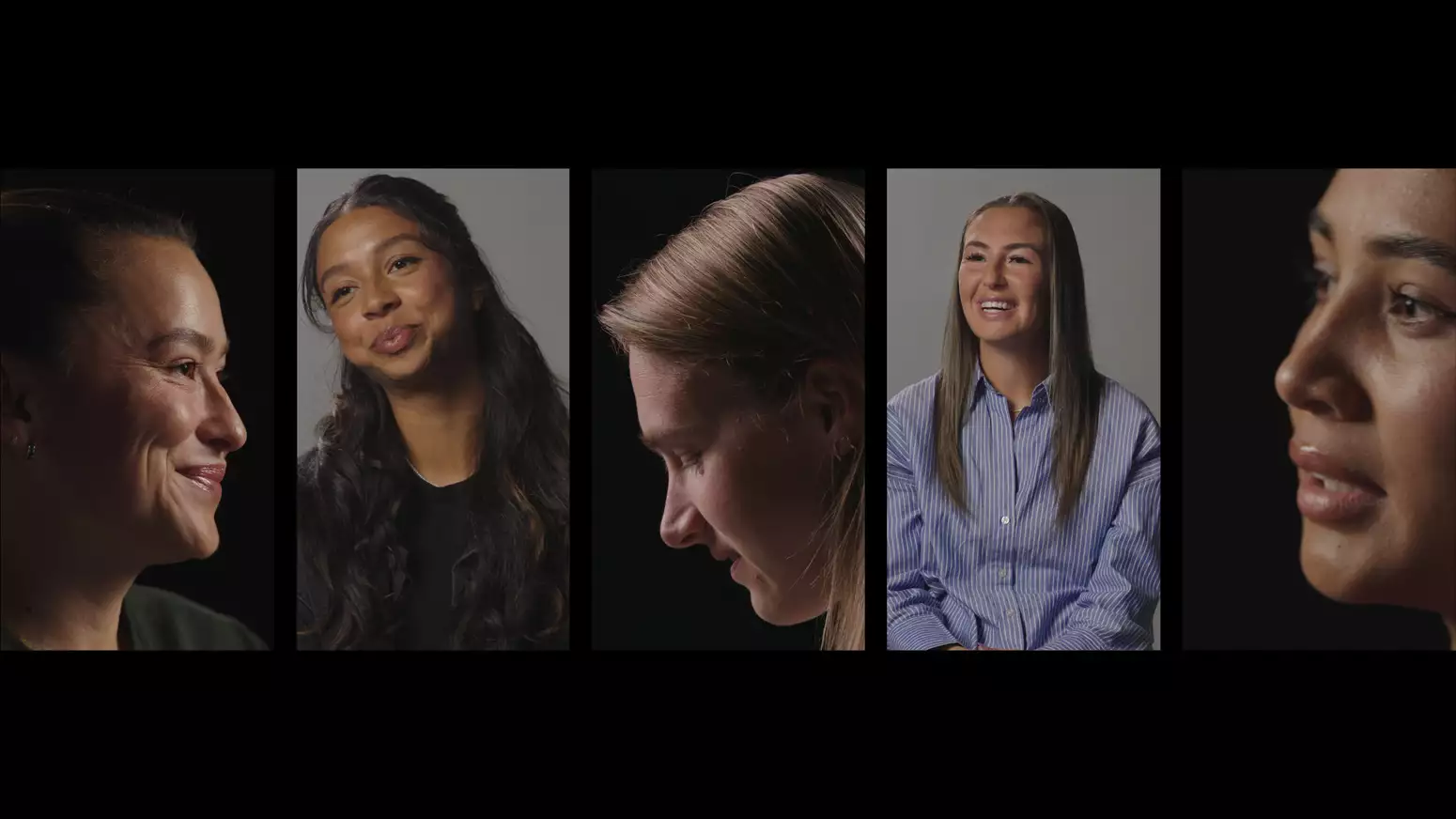 A film playing on a screen in the exhibition, showing five panels displaying Ali Riley Meg Madison Viv Miedema Katie Zelem and Alyssa Thompson