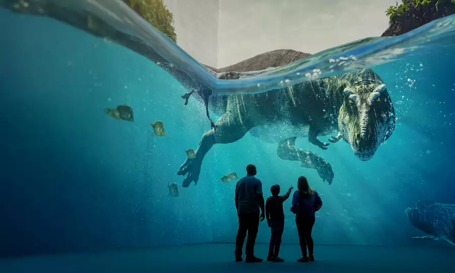 Three people looking at a giant dinosaur swimming in Lightroom