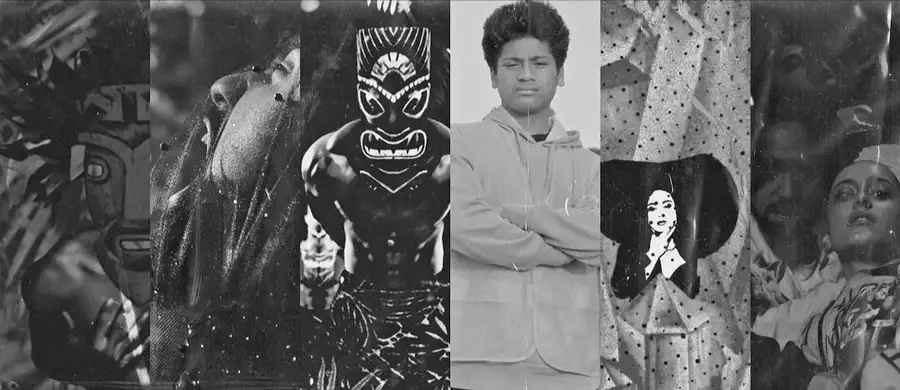 Black and white collage of stills from films showing as part of Diaspora Rendered