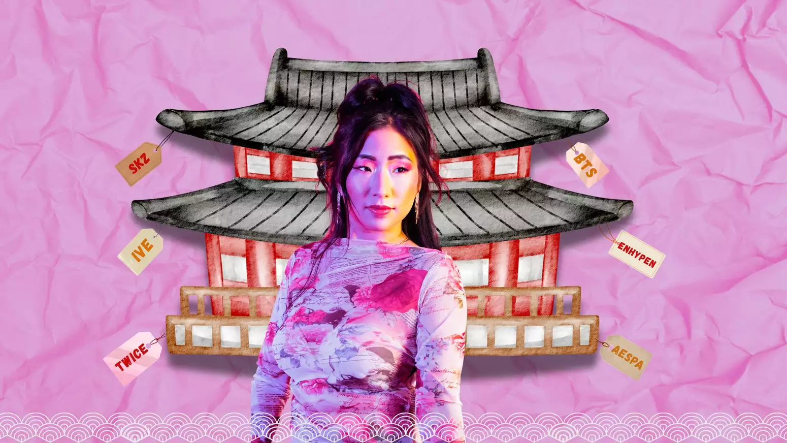 A woman stands confidently in front of an illustrated traditional Korean building with a pink crumpled-paper background. Tags featuring popular K-pop group names like BTS, TWICE, and ENHYPEN are pinned around the building.