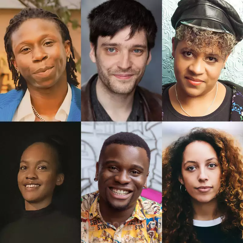 Headshots of the Factory Fellows: (top row L–R) Christian Asare, Elliot Hughes, Linda Devo; (bottom row L–R) Shemel Rose-Thompson, Sonny Nwachukwu, Stefanie Reynolds.