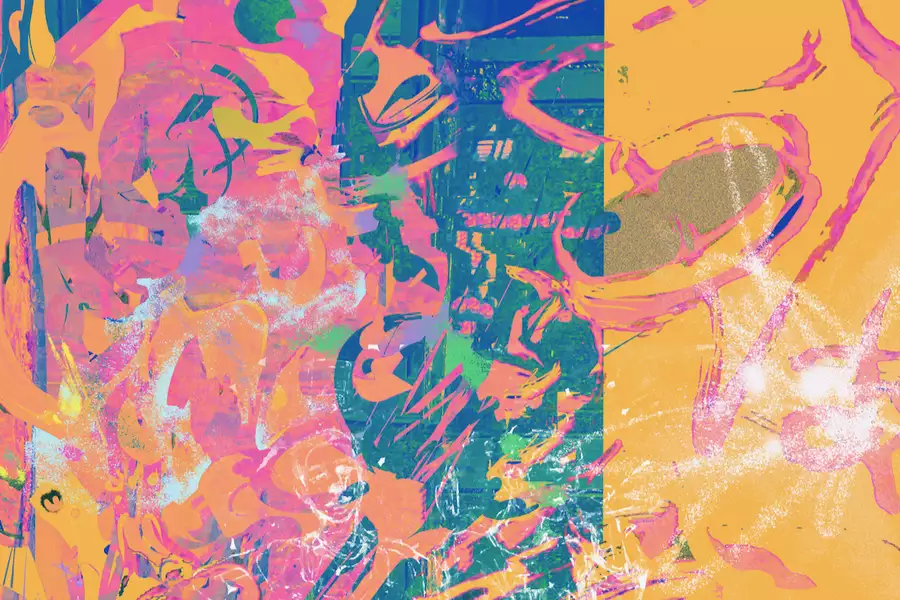 Abstract artwork featuring vibrant shades of yellow, pink, and blue, with layered brushstrokes, splatters, and textures.