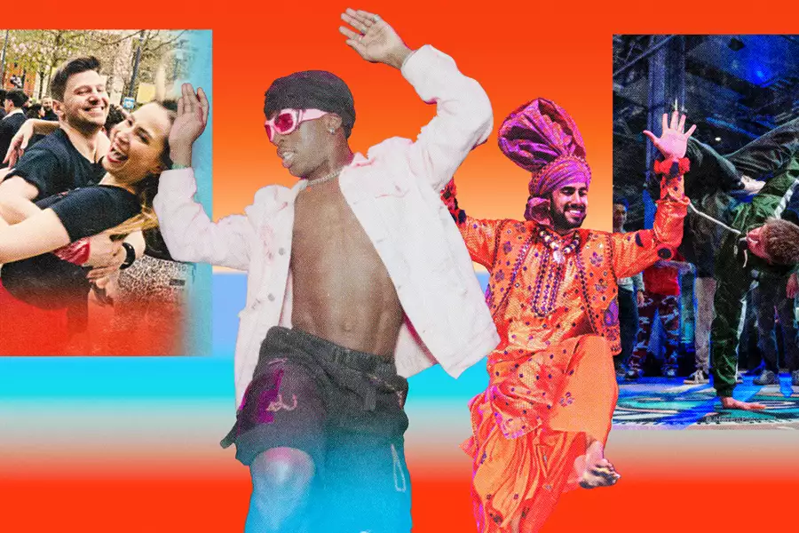 Collage of people engaging in four different styles of dancing: Hip Hop, Carnival, Salsa and Bhangra. The background is a red and blue gradient.
