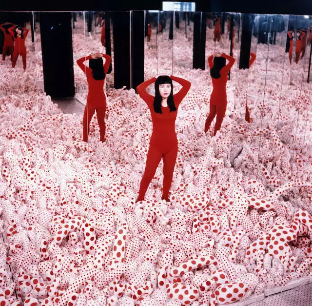 Photo of Yayoi Kusama in her Infinity Mirror Room - Phalli's Field