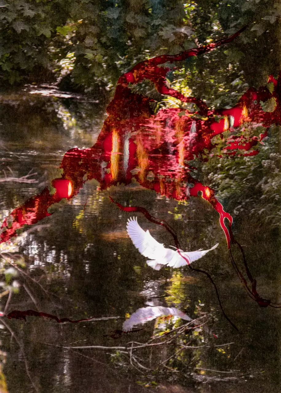 A bird flies over a pond, its reflection visible – next to branches, leaves and trees. The colours are distorted, leaving a red section in the