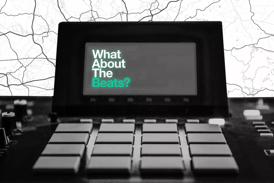 A music production device with the text "What About The Beats?" on its screen.