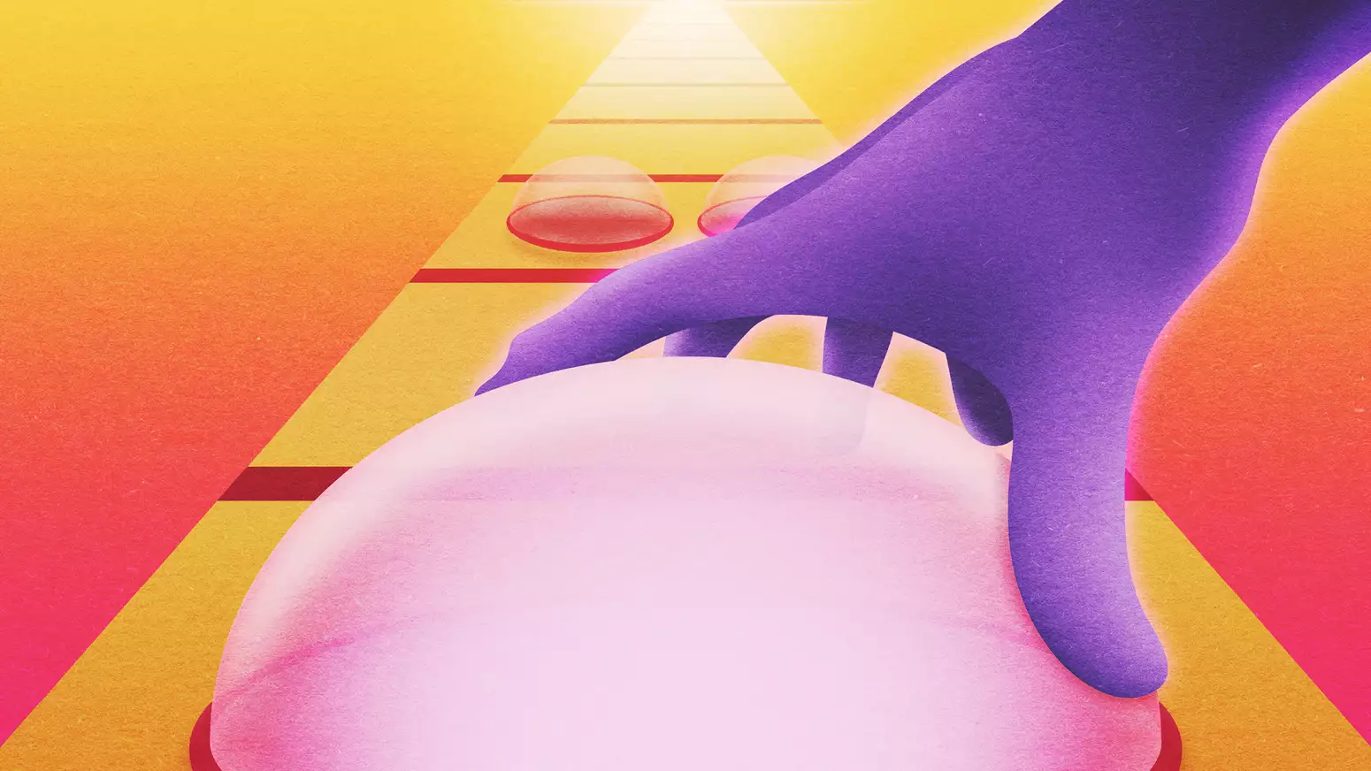 Illustration of a purple hand pressing a button on a conveyer belt – on a yellow and pink gradient background
