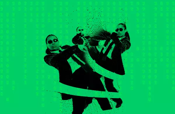 Three dancers pose wearing suits and sunglasses. The image is black and green with a pixellated effect.