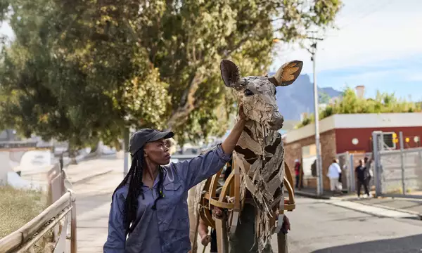 A woman in a cap touches the head of a life-sized giraffe puppet made from cardboard and wood, as part of The Herds. The background shows an urban environment with people watching and a scenic view of trees and mountains.