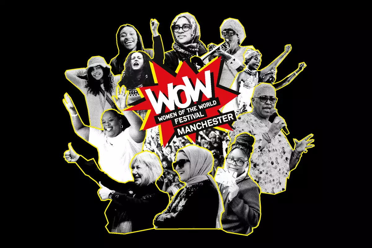 Collage of speakers at WOW festival with 'WOW - Women of the World Manchester' logo in the middle