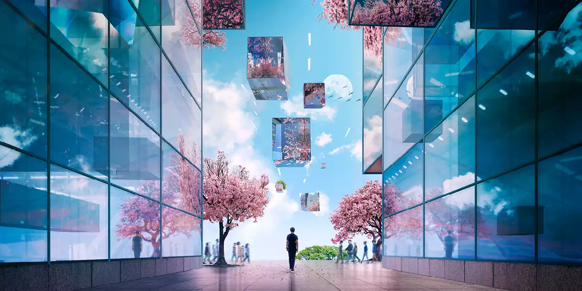 A futuristic cityscape with cherry blossom trees and people walking in the backgroud