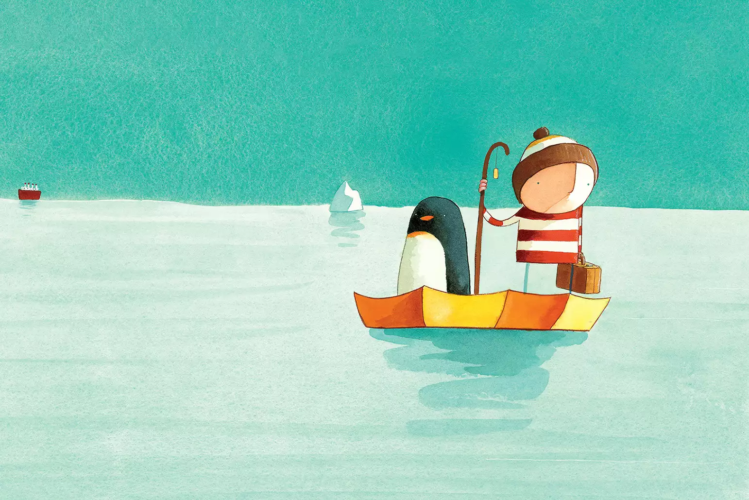 An illustration of a boy and a penguin in a small boat out at sea. Ice bergs are visible in the background.