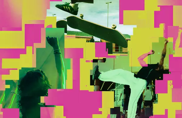 Colourful collage of a skateboarder, breakdancer, and dancers, overlaid with neon pink and yellow blocks.