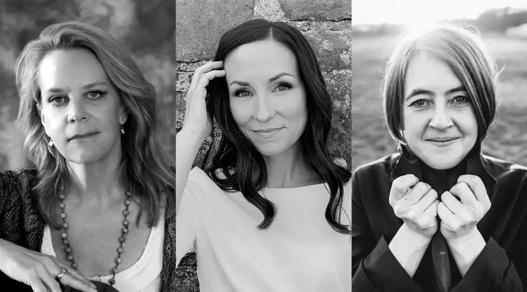 Black and white composite image of the headshots of Mary Chapin Carpenter, Julie Fowlis and Karine Polwart