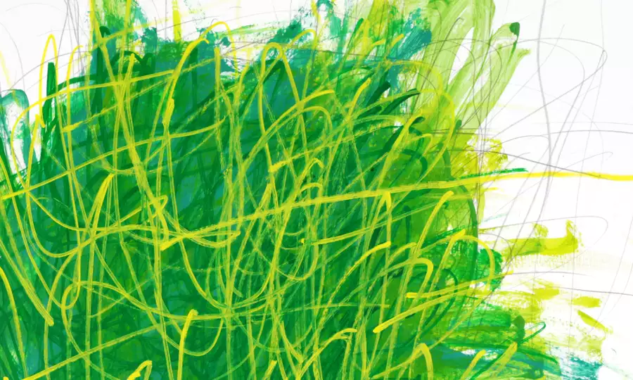 Artwork by Michael Beard showing lies on a white background, which are different shades of green and yellow