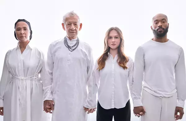 Ian McKellen, Golda Rosheuvel, Arinzé Kene and Rosie Sheehy stood in a line wearing white on a white background