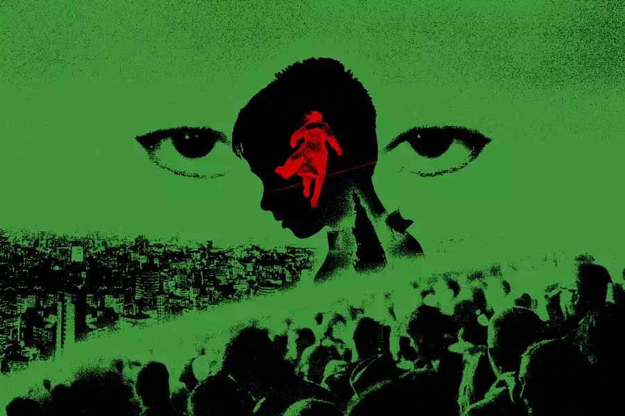 Green and black poster featuring a silhouetted face, a red running figure, a city skyline and a crowd.