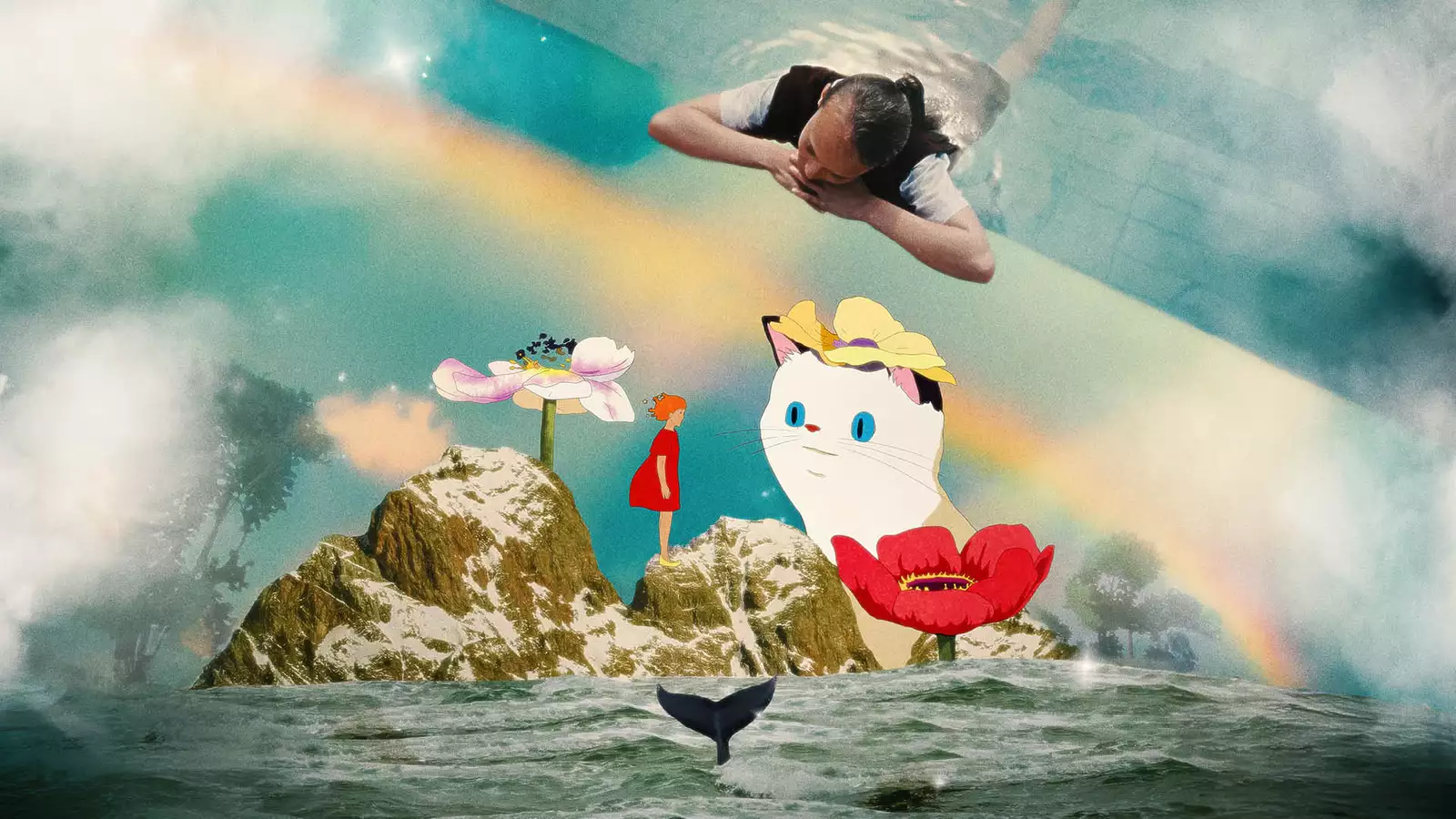 A surreal scene combining elements of fantasy and reality: a girl swimming, a rainbow, a giant cat wearing a flower hat, oversized flowers, a whale's tail in the ocean, and snowy islands.