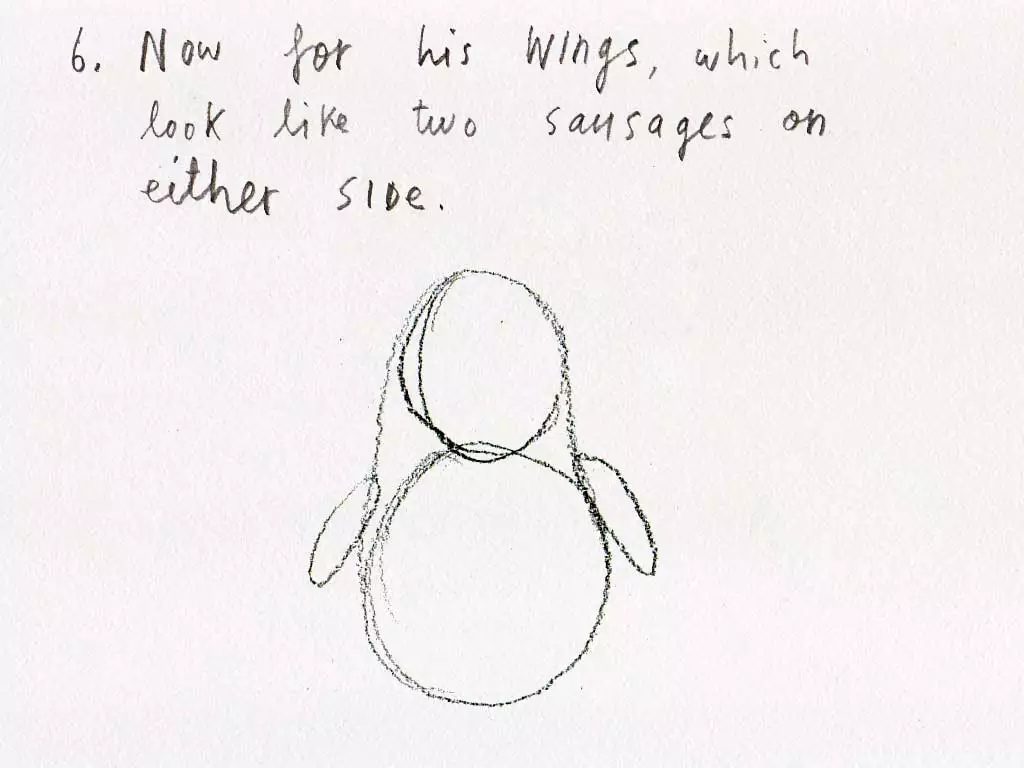 Outline illustration of a penguin that says '6. Now for his wings, which look like two sausages on either side.'