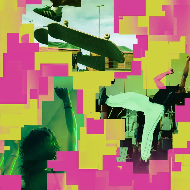 Colourful collage of a skateboarder, breakdancer, and dancers, overlaid with neon pink and yellow blocks.