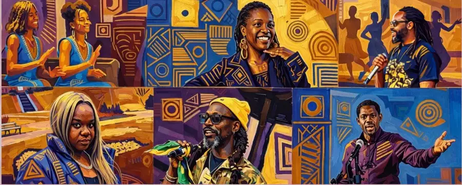Digital collage of people speaking, performing and smiling, surrounded by bold African-inspired geometric patterns in warm gold, blue and purple tones.