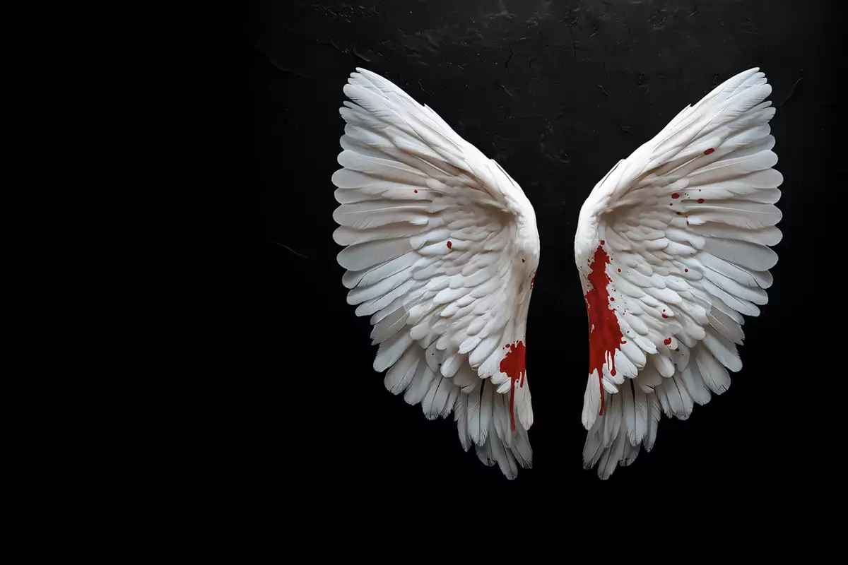 A pair of white angel wings displayed against a dark, black background. The lower parts of the wings are stained with vivid red, resembling blood splatter.