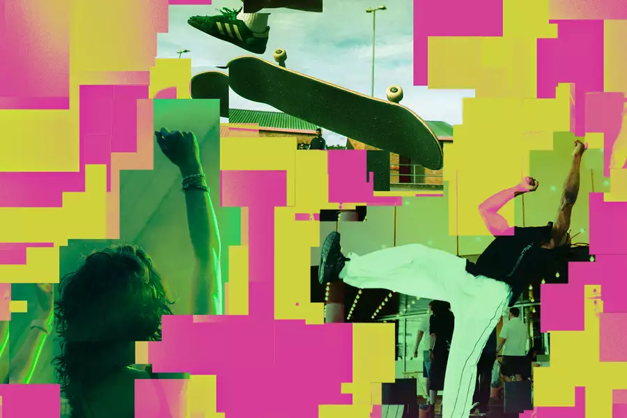 Colourful collage of a skateboarder, breakdancer, and dancers, overlaid with neon pink and yellow blocks.