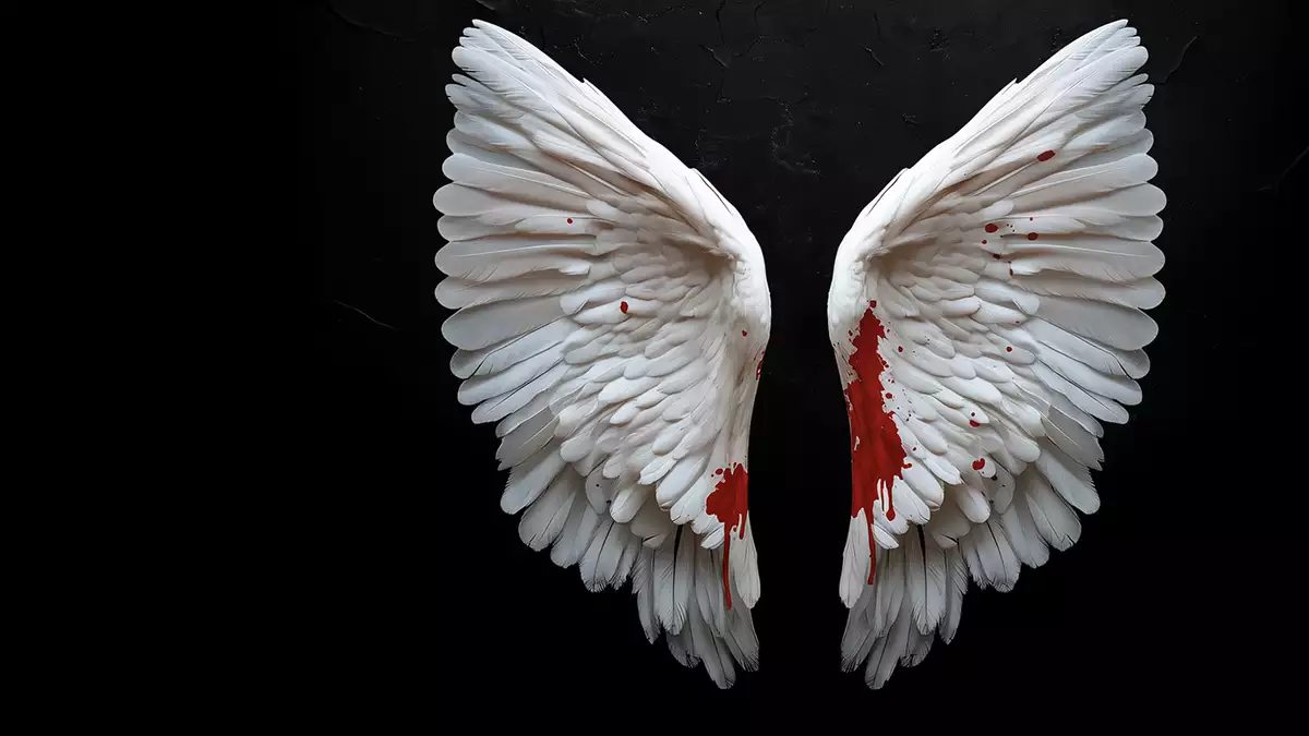 A pair of white angel wings displayed against a dark, black background. The lower parts of the wings are stained with vivid red, resembling blood splatter.