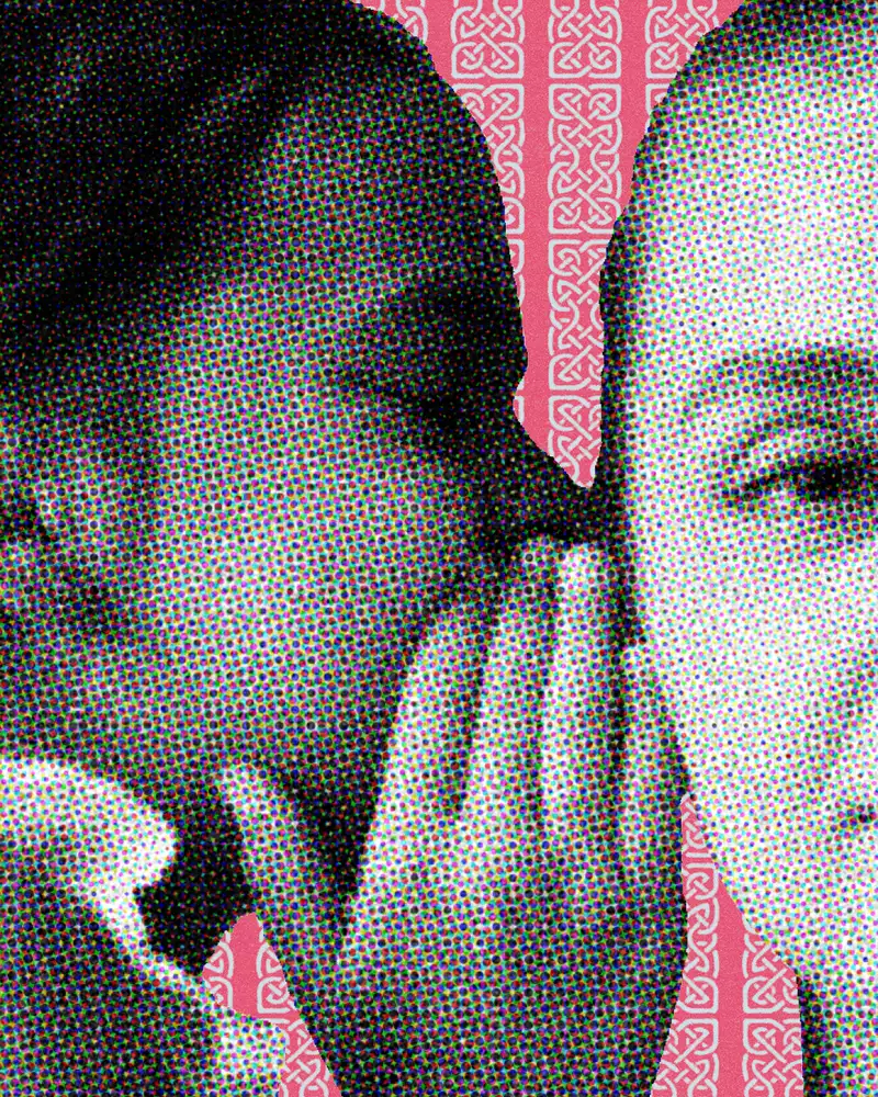 Close-up, black and white collage of two faces against a pink patterned background. One is whispering in the other's ear.