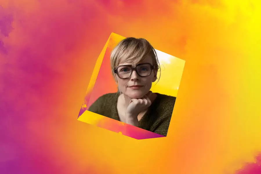 Maxine Peake's headshot floating on the Dream Space pink and yellow background