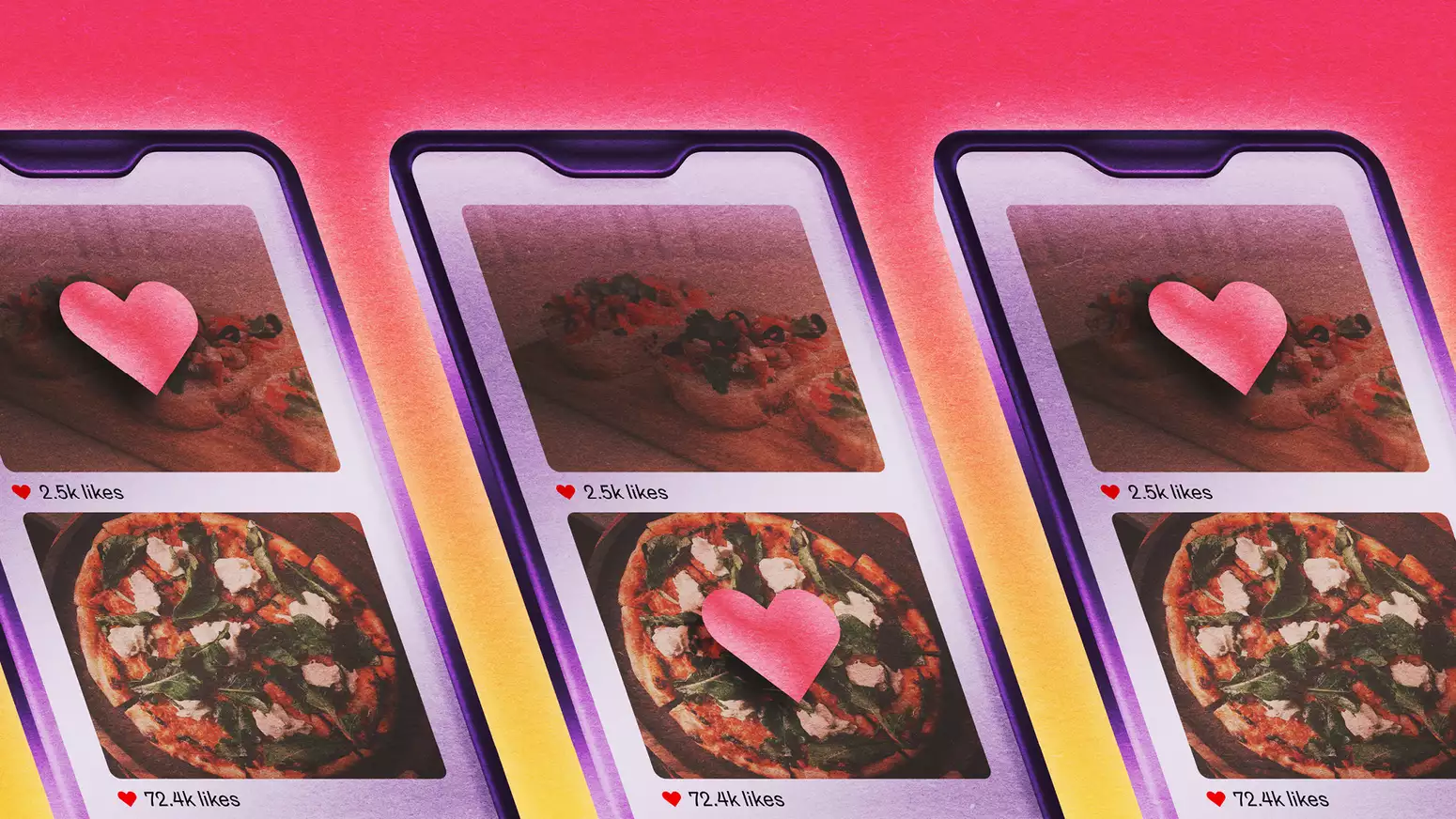Illustration of three phones showing a social media feed of pizzas and likes – on a pink and yellow gradient background