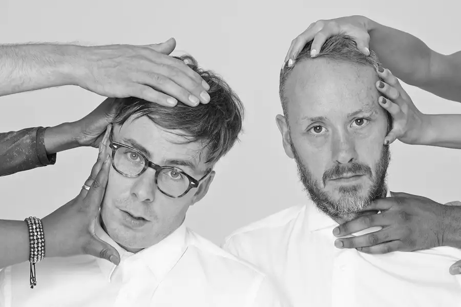 Black and white photograph of Basement Jaxx