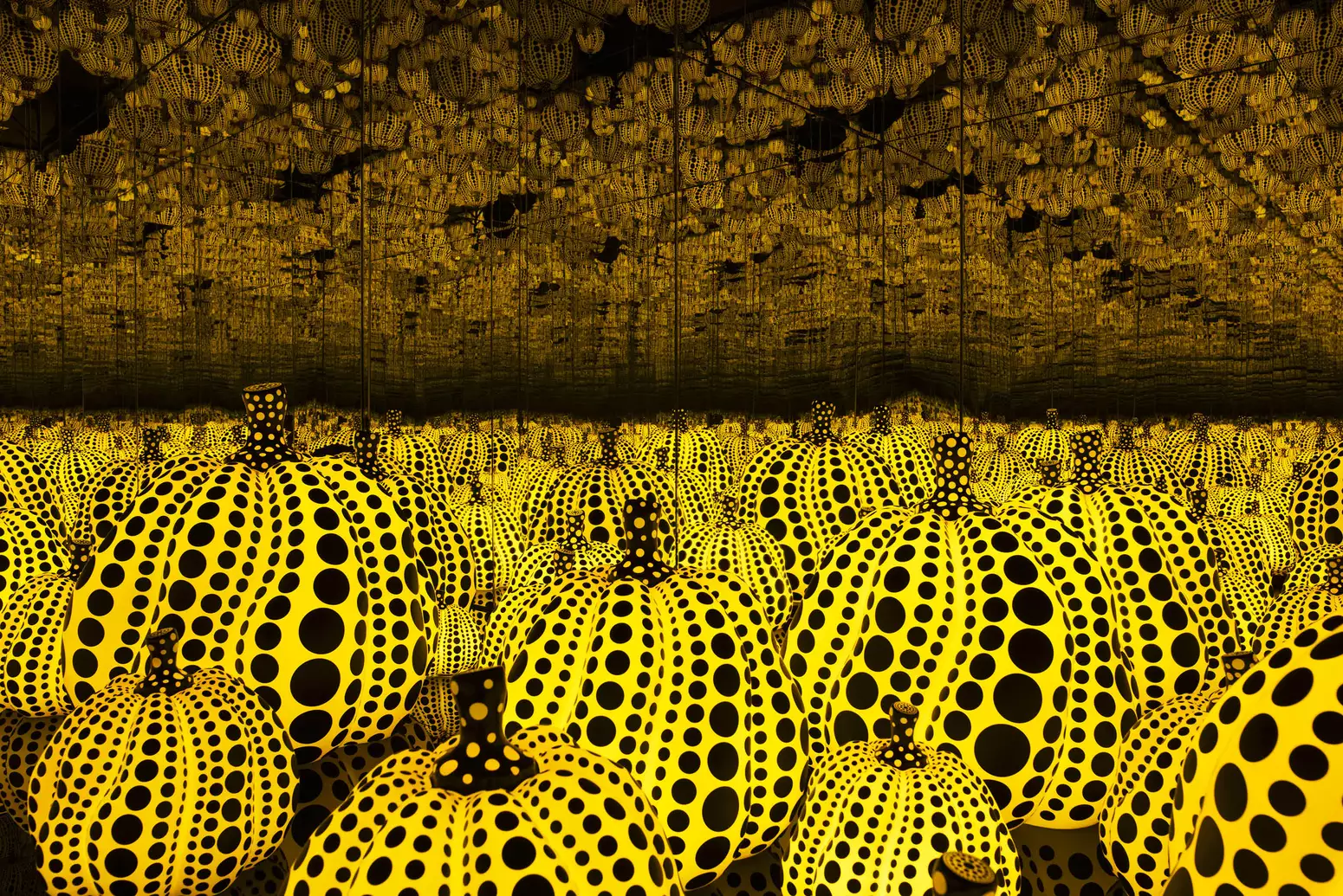 Yellow and black polka dotted pumpkin sculptures in a mirrored room