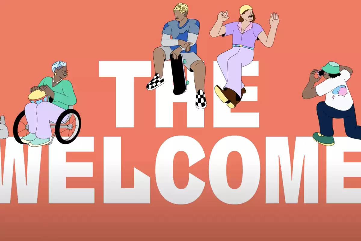 The Welcome in white text on a coral background with illustrations of people interacting with the text