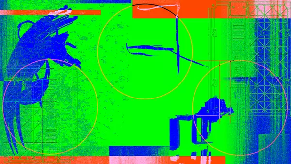 Abstract blocks and brushstrokes of colour in red, green and blue