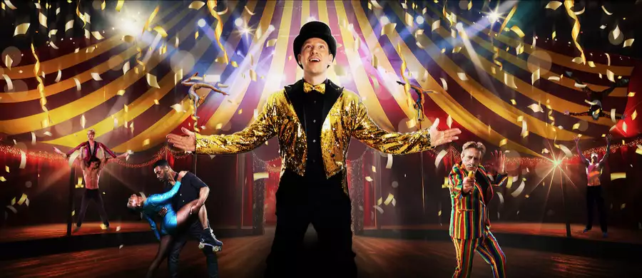 A vibrant circus scene with acrobats, dancers, a ringmaster in gold, and a clown in a striped suit under a big top with confetti.